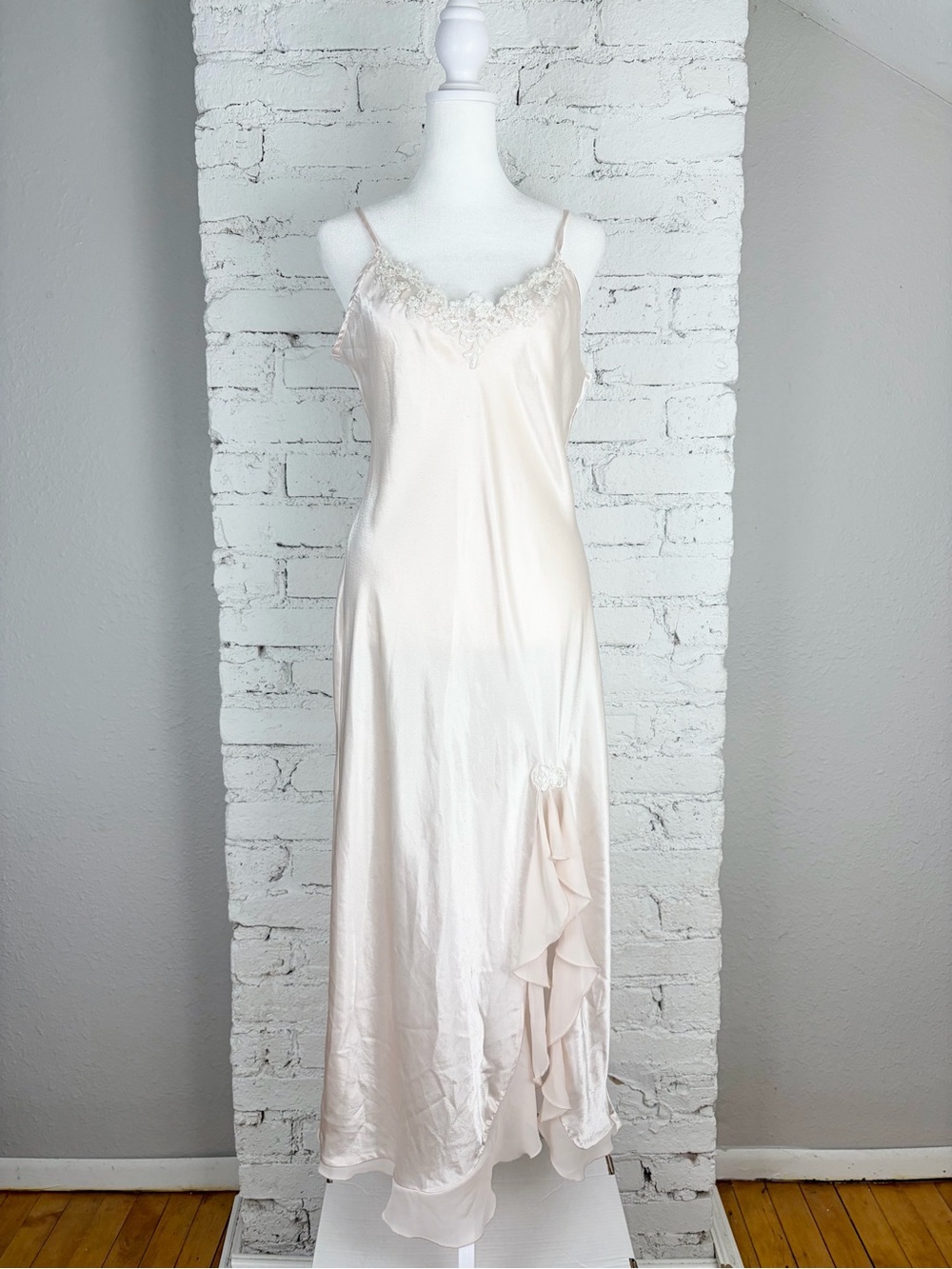 VTG Linea Donatella Blush Pink Lace Trim Satin Slip Chemise Maxi Fairy Dress M